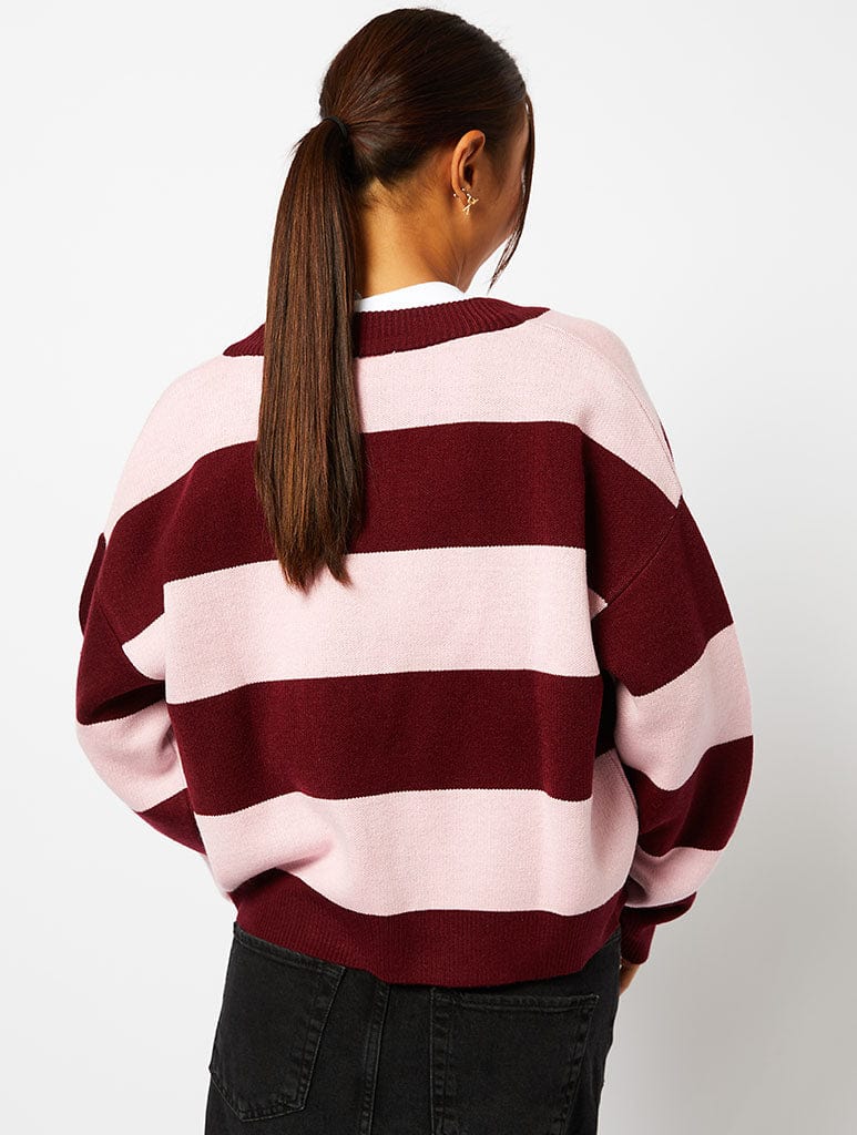 Bow Knitted Cardigan in Pink & Burgundy Stripe