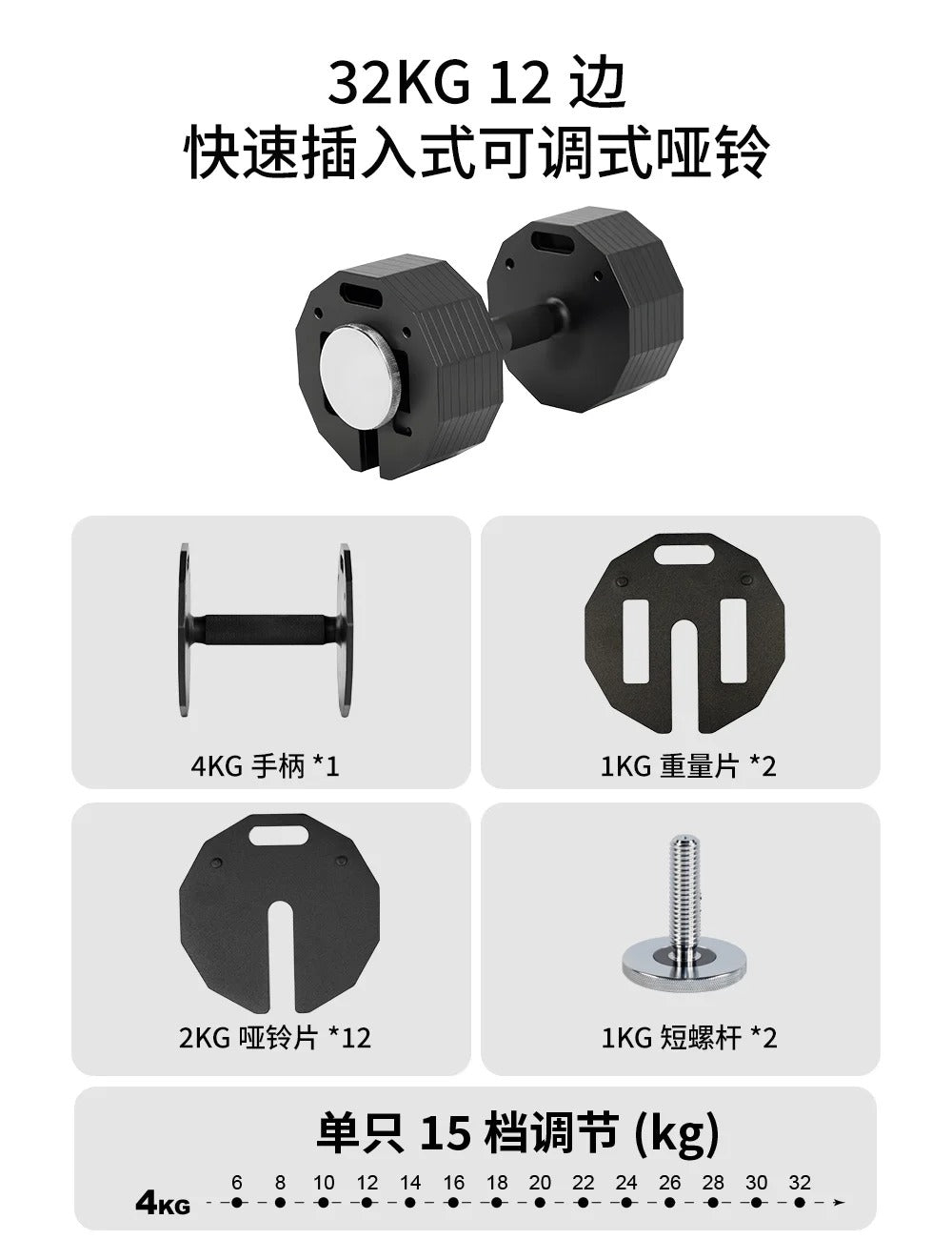 New hot selling twelve sided adjustable dumbbells, quick disassembly men's dumbbell, 2kg incremental plug-in pure steel dumbbell