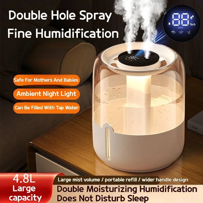 4.8L Dual-Nozzle Silent USB Humidifier with Night Light And Antibacterial Mist for Bedroom Office Desk And Nursery Home Use