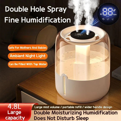 4.8L Dual-Nozzle Silent USB Humidifier with Night Light And Antibacterial Mist for Bedroom Office Desk And Nursery Home Use