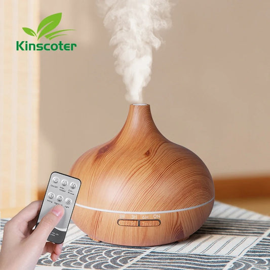 High Quality 500ml Aromatherapy Essential Oil Diffuser Wood Grain Remote Control Ultrasonic Air Humidifier with 7 Colors Ligh