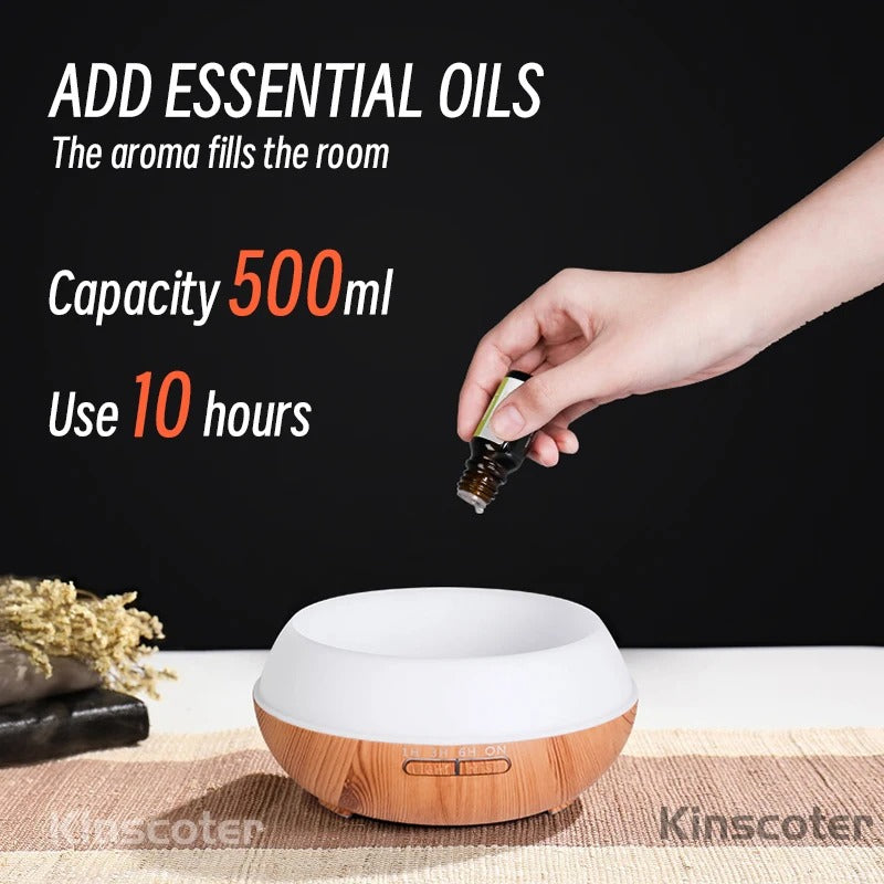 High Quality 500ml Aromatherapy Essential Oil Diffuser Wood Grain Remote Control Ultrasonic Air Humidifier with 7 Colors Ligh