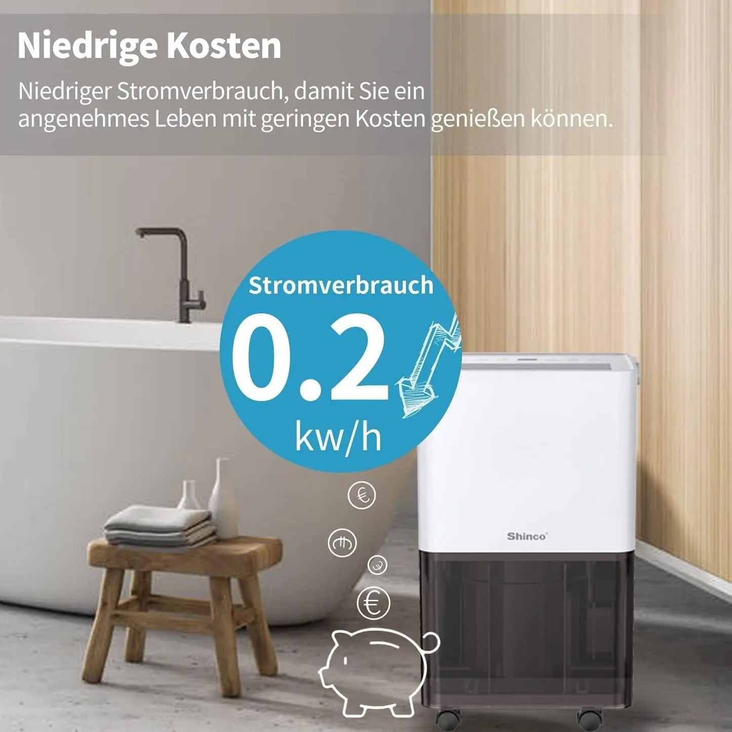 SHINCO Electric Dehumidifier, 10 L, Room Dehumidifier with Moisture Sensor, for 45 m³ (15 m²), Energy Saving, Drain Hose