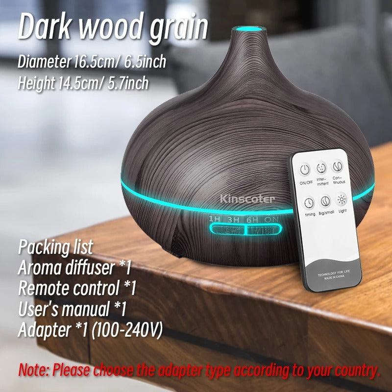 High Quality 500ml Aromatherapy Essential Oil Diffuser Wood Grain Remote Control Ultrasonic Air Humidifier with 7 Colors Ligh