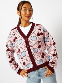 Quilted Cherry & Bow Cardigan in Multi