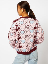 Quilted Cherry & Bow Cardigan in Multi