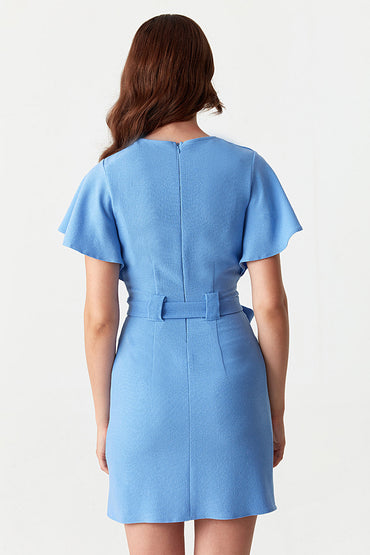 Light Blue Angel Sleeve Belted Woven Dress