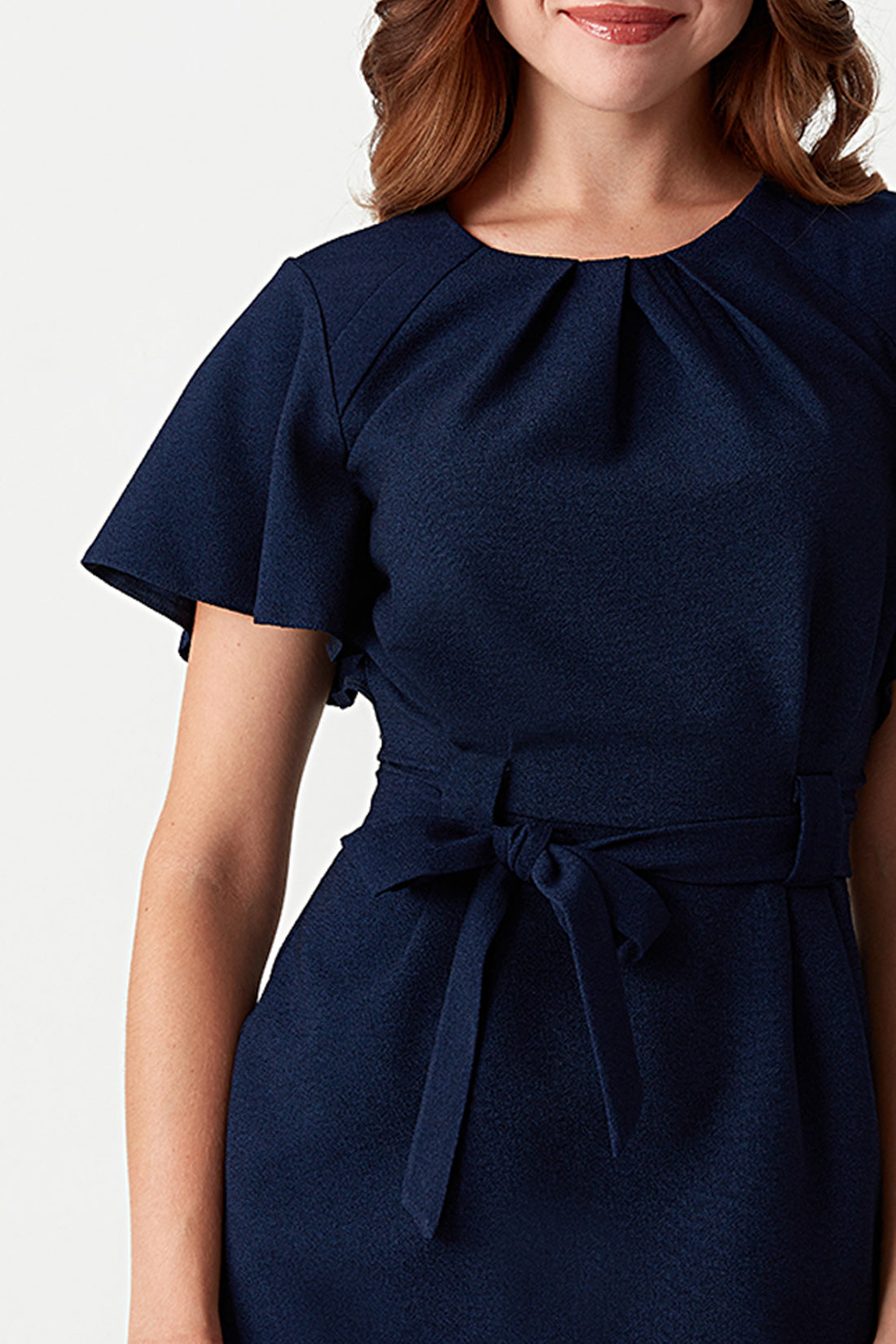 Navy Angel Sleeve Belted Woven Dress