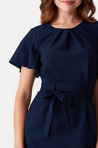 Navy Angel Sleeve Belted Woven Dress