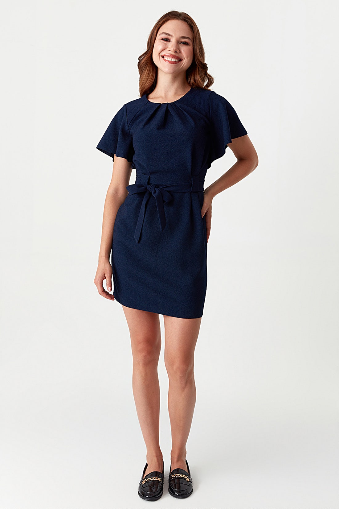 Navy Angel Sleeve Belted Woven Dress