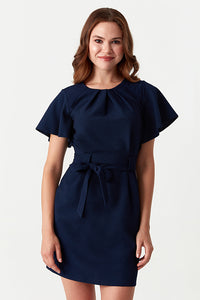 Navy Angel Sleeve Belted Woven Dress