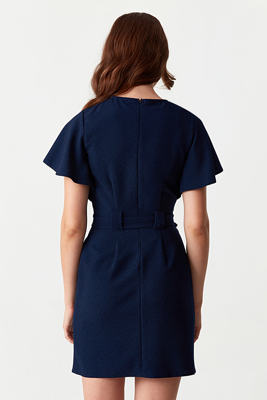 Navy Angel Sleeve Belted Woven Dress
