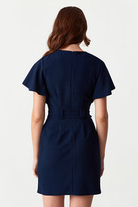 Navy Angel Sleeve Belted Woven Dress