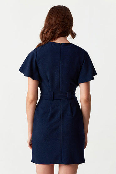Navy Angel Sleeve Belted Woven Dress
