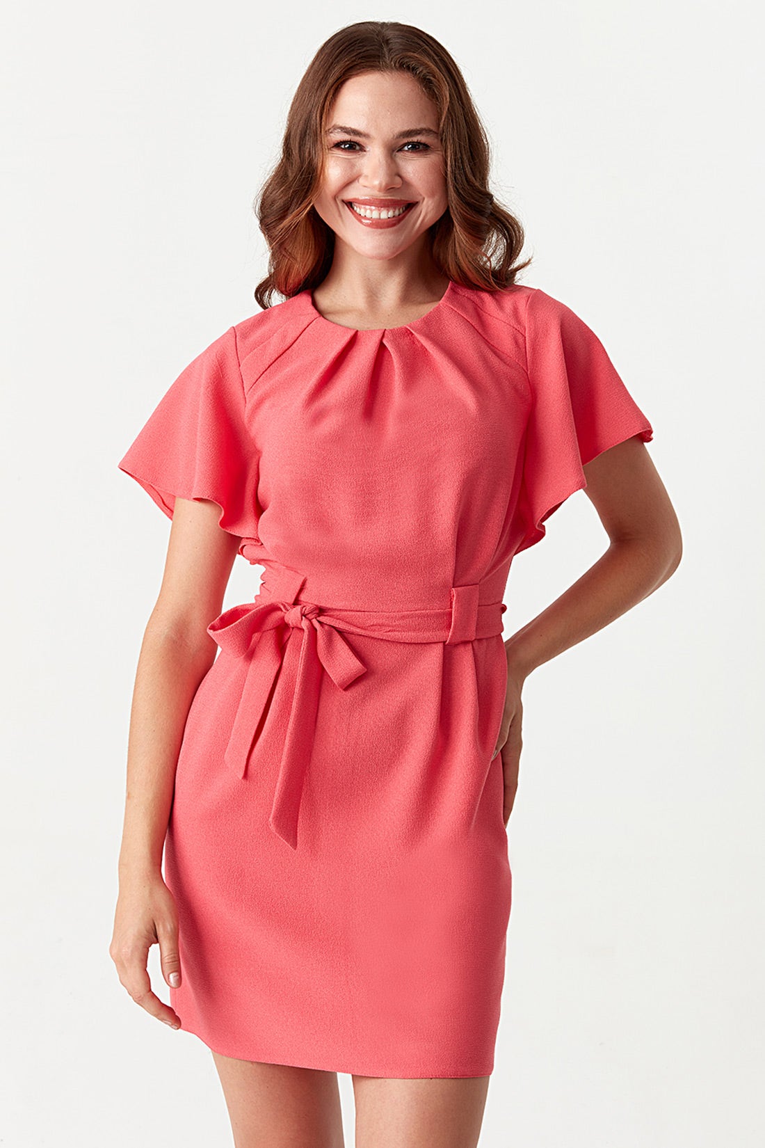 Pink Angel Sleeve Belted Woven Dress
