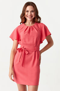 Pink Angel Sleeve Belted Woven Dress