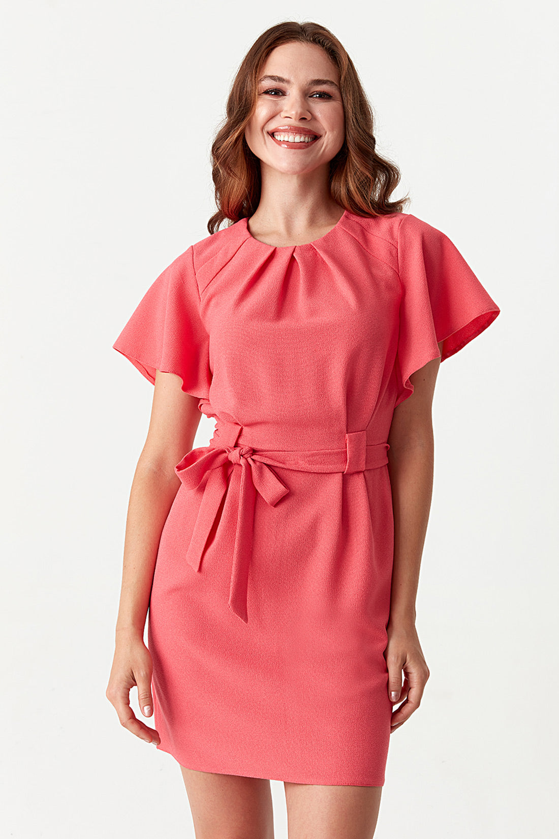 Pink Angel Sleeve Belted Woven Dress