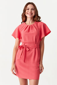 Pink Angel Sleeve Belted Woven Dress