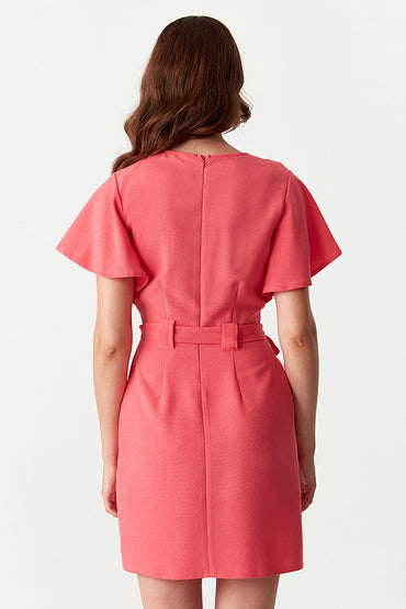 Pink Angel Sleeve Belted Woven Dress
