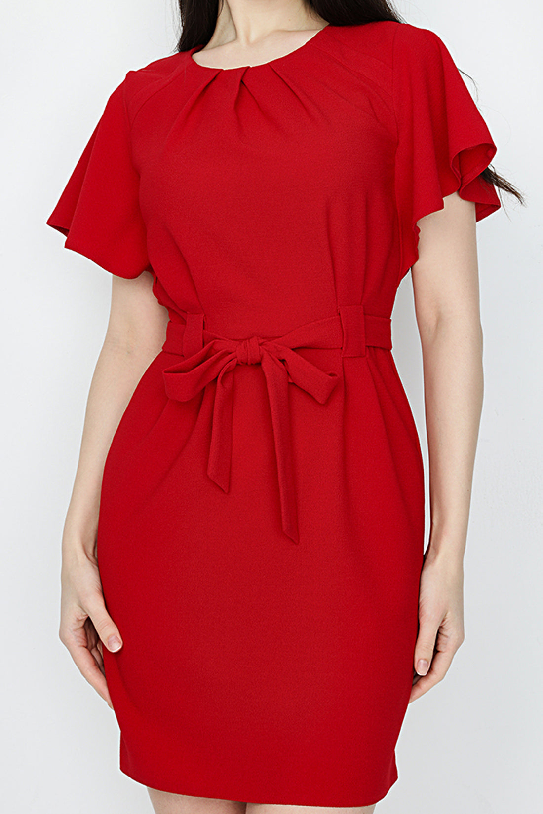 Red Angel Sleeve Belted Woven Dress