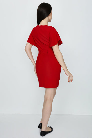 Red Angel Sleeve Belted Woven Dress