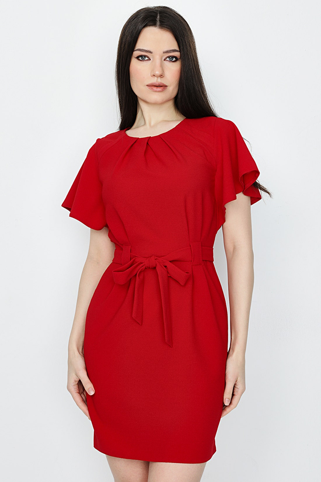 Red Angel Sleeve Belted Woven Dress