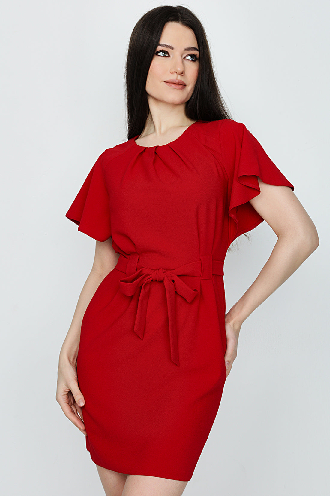 Red Angel Sleeve Belted Woven Dress