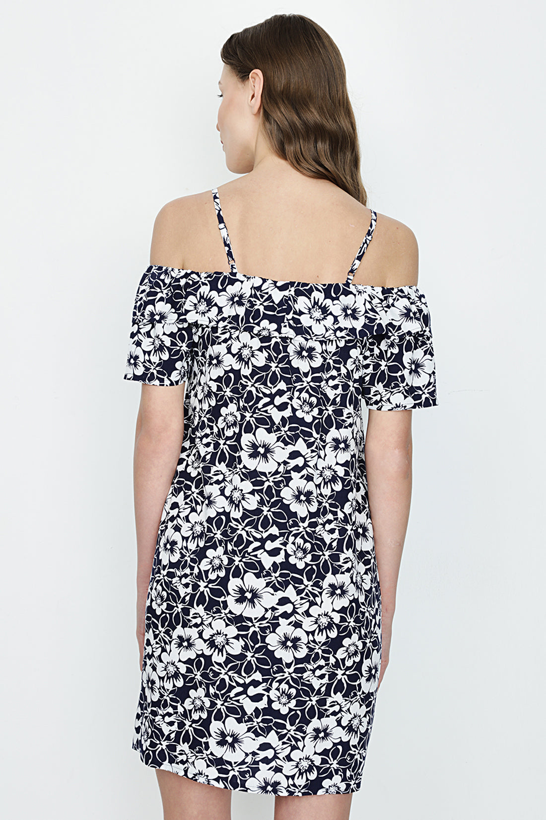 Blue Cold Shoulder Printed Tea Dress