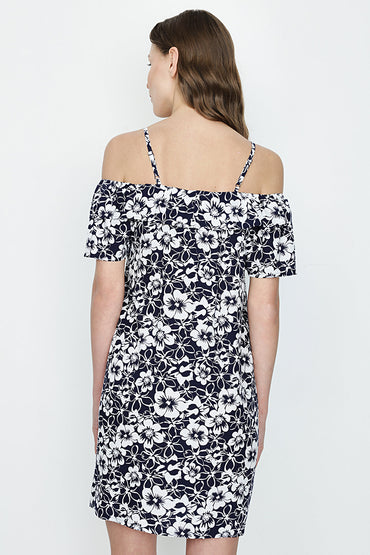 Blue Cold Shoulder Printed Tea Dress