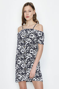 Blue Cold Shoulder Printed Tea Dress