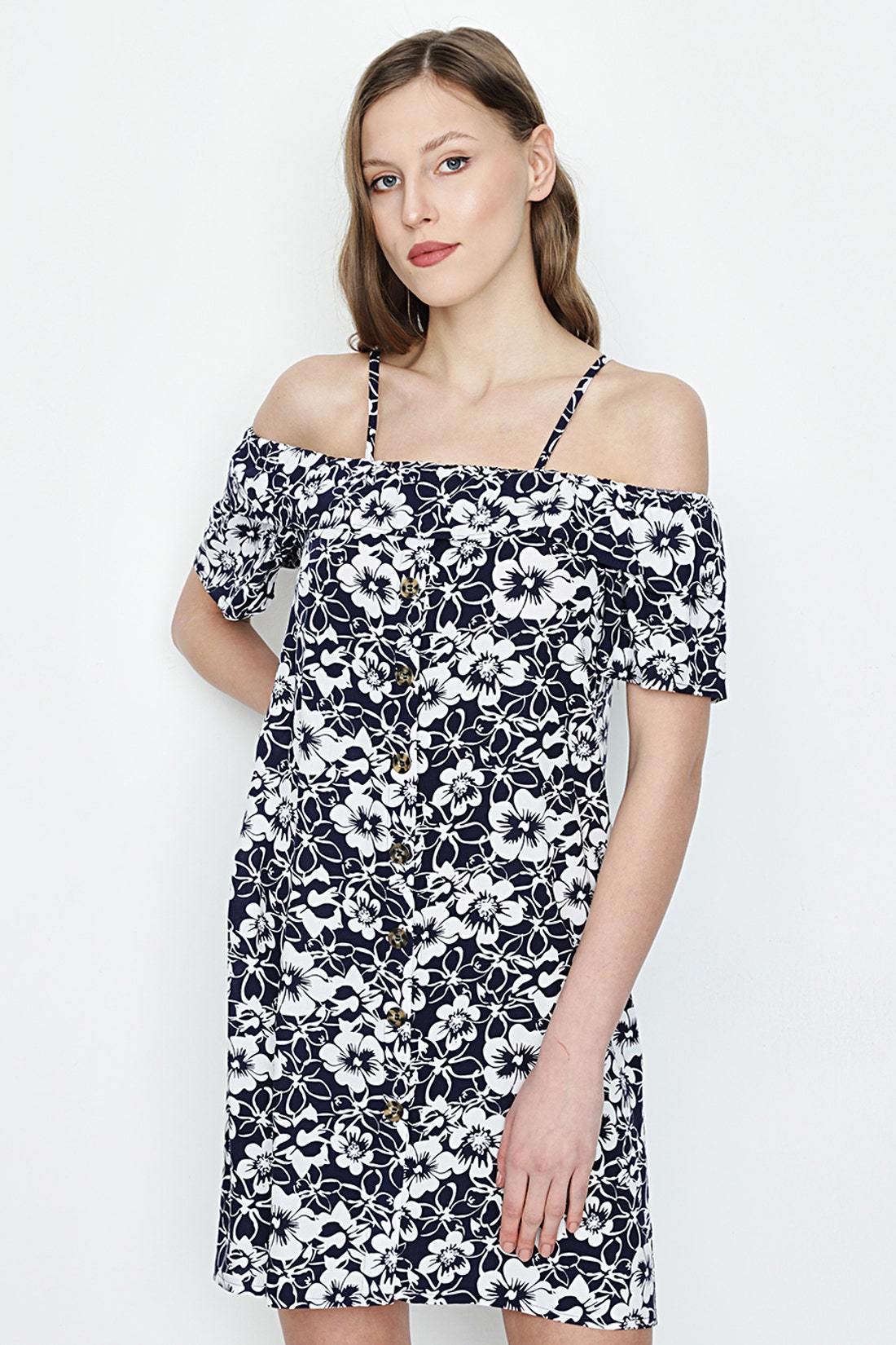 Blue Cold Shoulder Printed Tea Dress