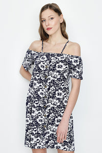 Blue Cold Shoulder Printed Tea Dress