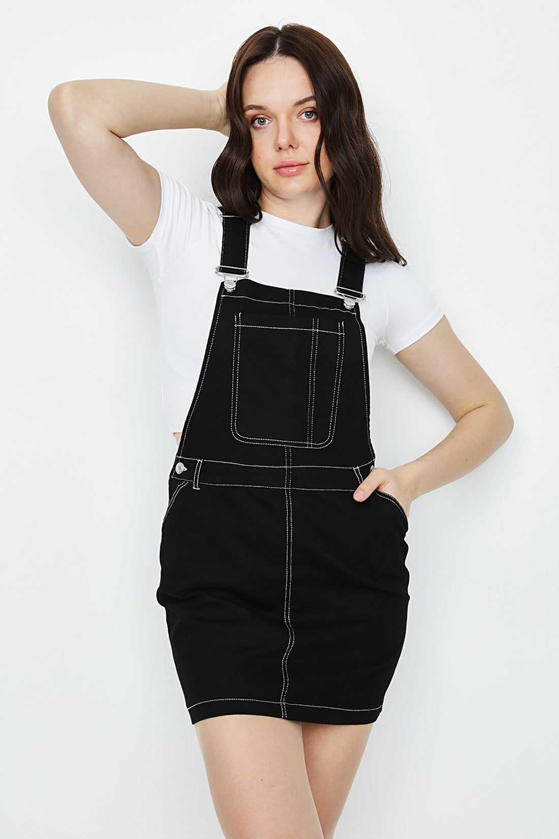 Black Contrast Stitch Dungaree Dress