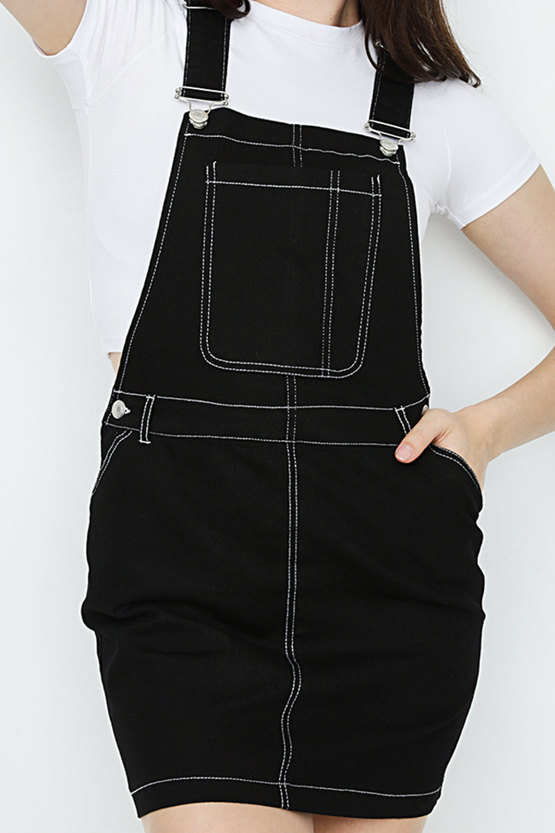 Black Contrast Stitch Dungaree Dress