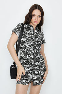 Black-Multi Camo Casual Belted Bodycon Dress