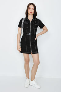 Black Contrast Stitch Casual Dress