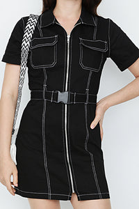 Black Contrast Stitch Casual Dress