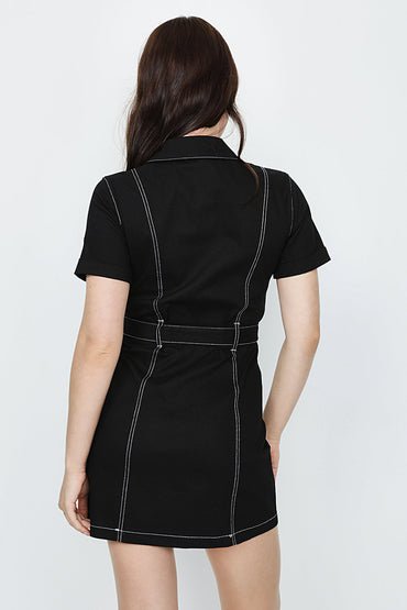 Black Contrast Stitch Casual Dress
