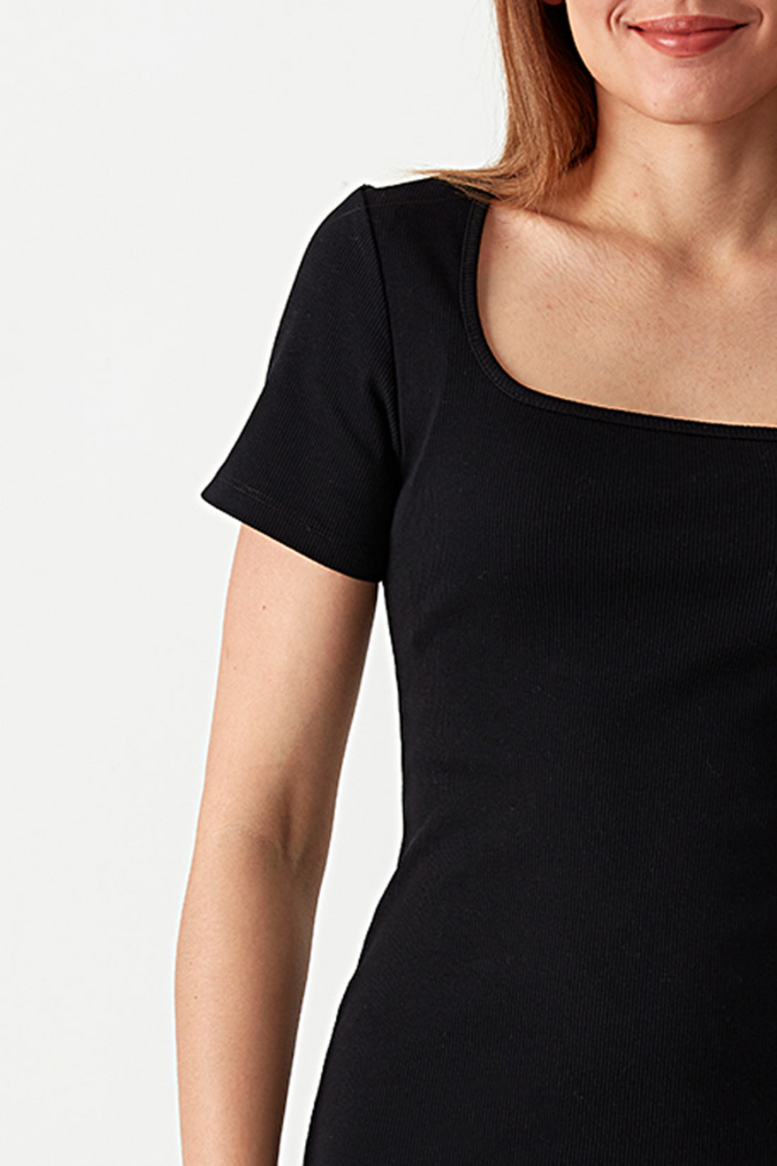 Black Square Neck Mini Rib Bodycon Dress