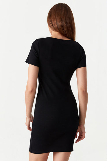 Black Square Neck Mini Rib Bodycon Dress