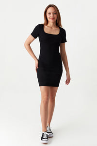 Black Square Neck Mini Rib Bodycon Dress