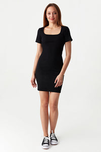 Black Square Neck Mini Rib Bodycon Dress