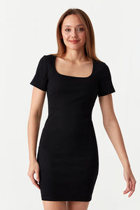 Black Square Neck Mini Rib Bodycon Dress