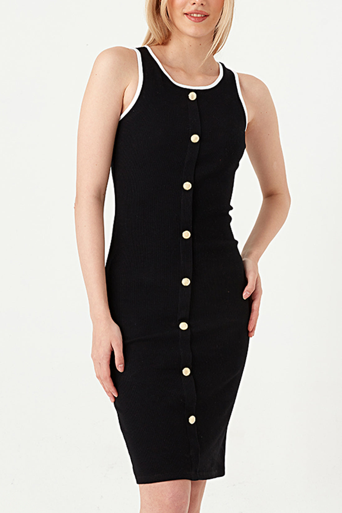 Mono Contrast Button Detail Rib Dress
