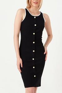 Mono Contrast Button Detail Rib Dress