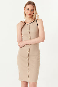 Sand Contrast Button Detail Rib Dress