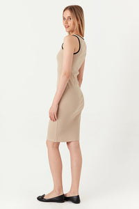 Sand Contrast Button Detail Rib Dress