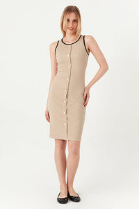 Sand Contrast Button Detail Rib Dress