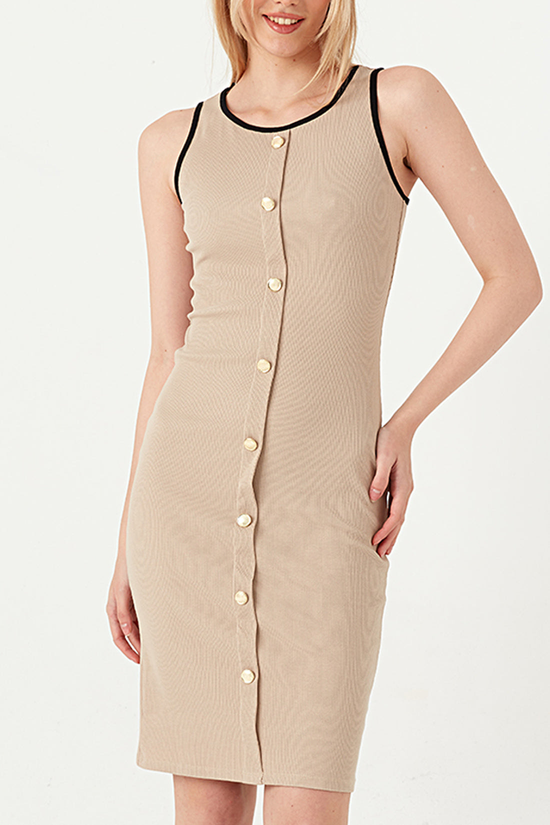 Sand Contrast Button Detail Rib Dress