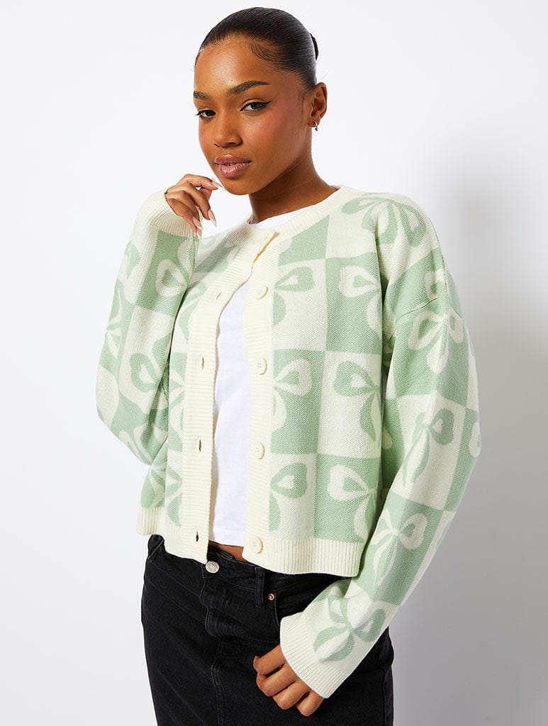 Sage Check Bow Knitted Cardigan